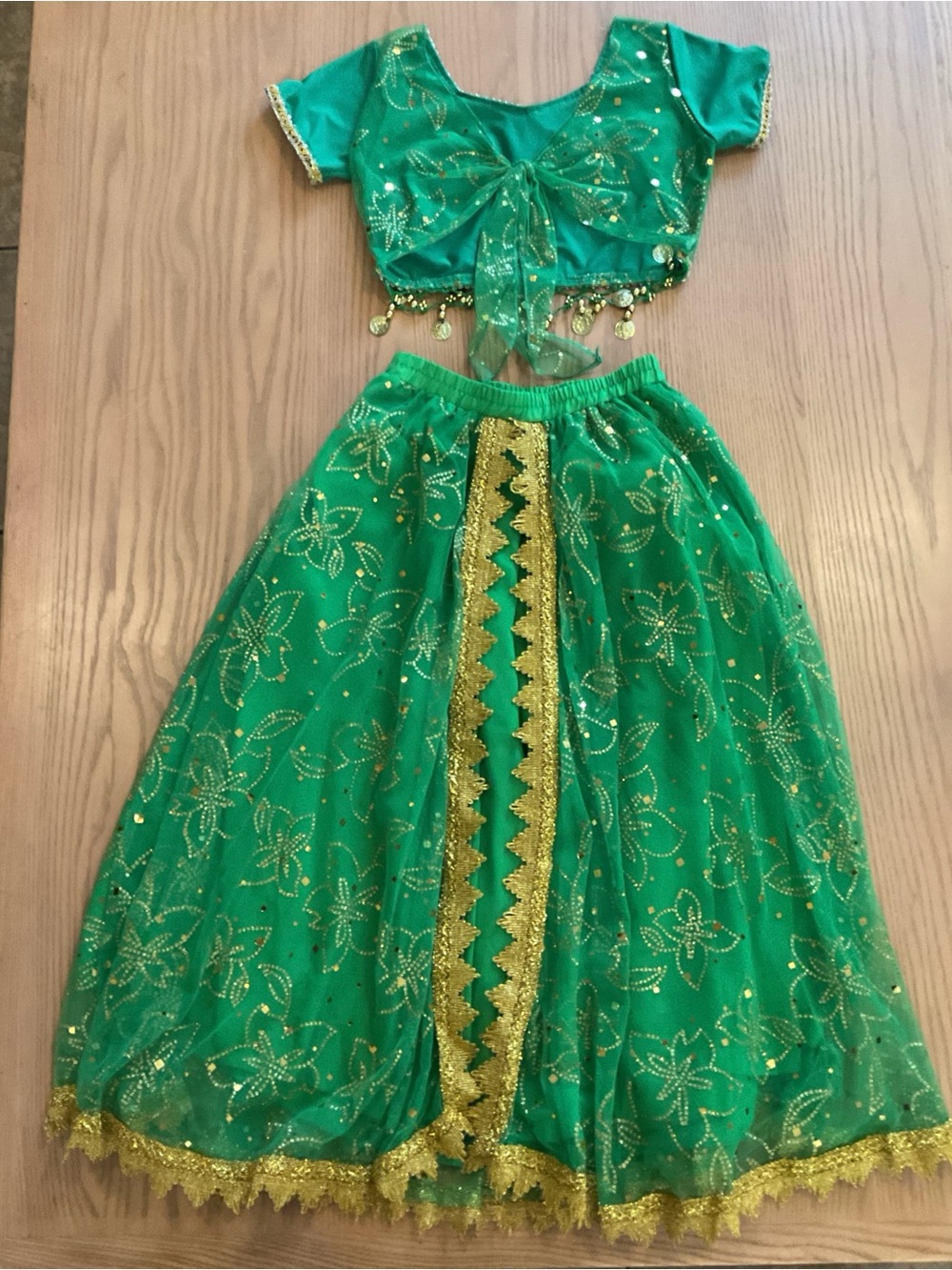 Girls Green and Gold Belly Dance Five Piece Costume Set